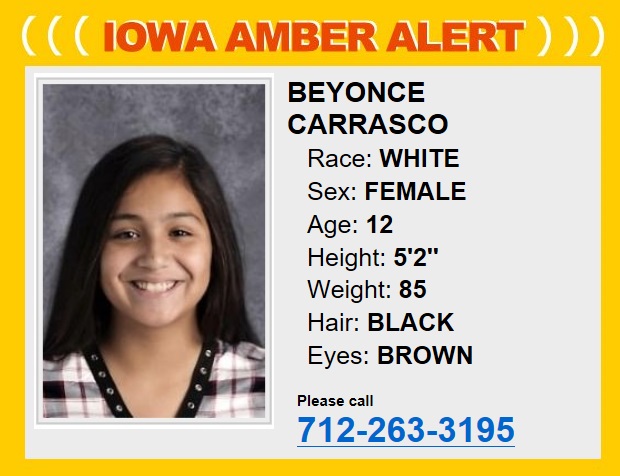 Cancelled Iowa Amber Alert Missing 12-year-old female from Denison Iowa